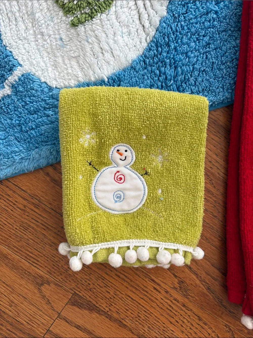 Holiday Snowman Bath Rug and Towel Set - Blue, Red, Green